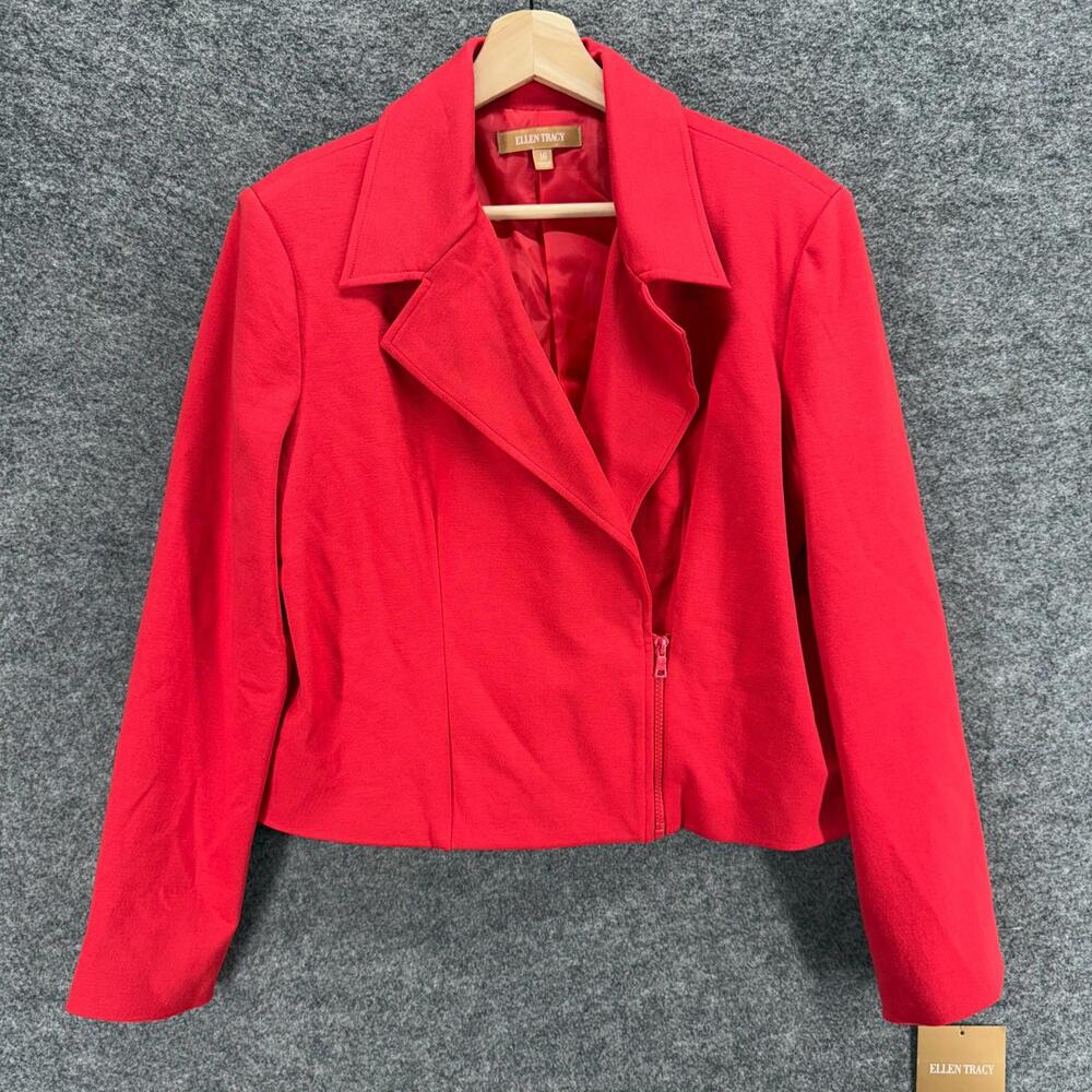 New Ellen Tracy Jacket Women 16 Red Full Zip Collared Long Sleeve Lined Casual